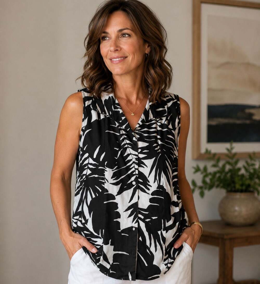 Talbots Black White Tropical Print Sleeveless Blouse Women’s Size 8